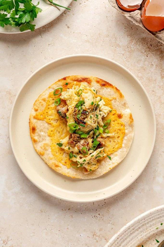 Egg, Sausage & Crispy Cheese Breakfast Tacos